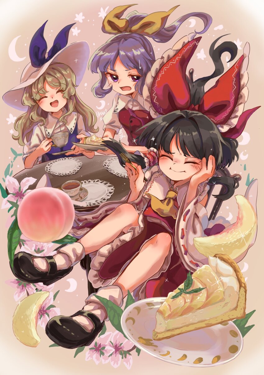 3girls, ascot, black_hair, blonde_hair, bow, closed_eyes, commentary_request, eating, fork, gold_fork, grey_background, hair_bow, hakurei_reimu, hand_on_own_cheek, hand_on_own_face, hat, high_ponytail, highres, holding, holding_fork, long_hair, looking_at_another, matsukuzu, multiple_girls, plate, ponytail, purple_eyes, purple_hair, red_skirt, red_vest, siblings, simple_background, sisters, skirt, skirt_set, touhou, vest, watatsuki_no_toyohime, watatsuki_no_yorihime, yellow_ascot, yellow_bow