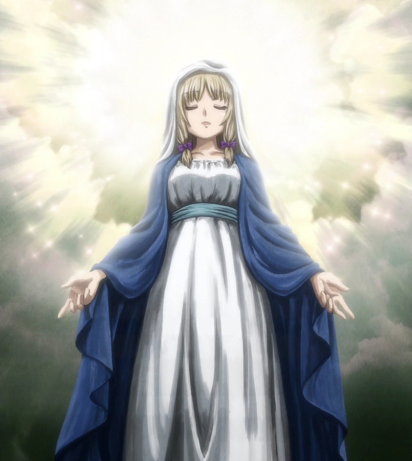 1girl, blonde_hair, breasts, christianity, closed_eyes, feel_(company), female_focus, highres, jinsei, kujou_fumi, medium_breasts, parody, short_hair, veil, virgin_mary