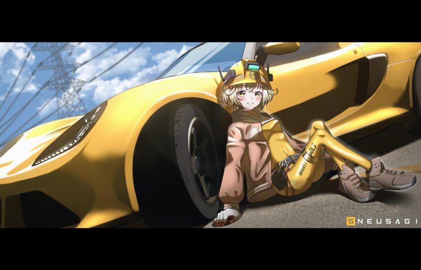 1girl, arm_support, artist_name, belt, blonde_hair, blush, bodysuit, breasts, brown_footwear, brown_jacket, car, clothes_writing, crossed_ankles, drecantya, dutch_angle, floor, goddess_of_victory:_nikke, grin, hard_hat, helmet, highres, jacket, liter_(nikke), motor_vehicle, open_clothes, open_jacket, safety_boots, short_hair, sitting, sky, small_breasts, smile, solo, transmission_tower, utility_belt, yellow_bodysuit, yellow_eyes