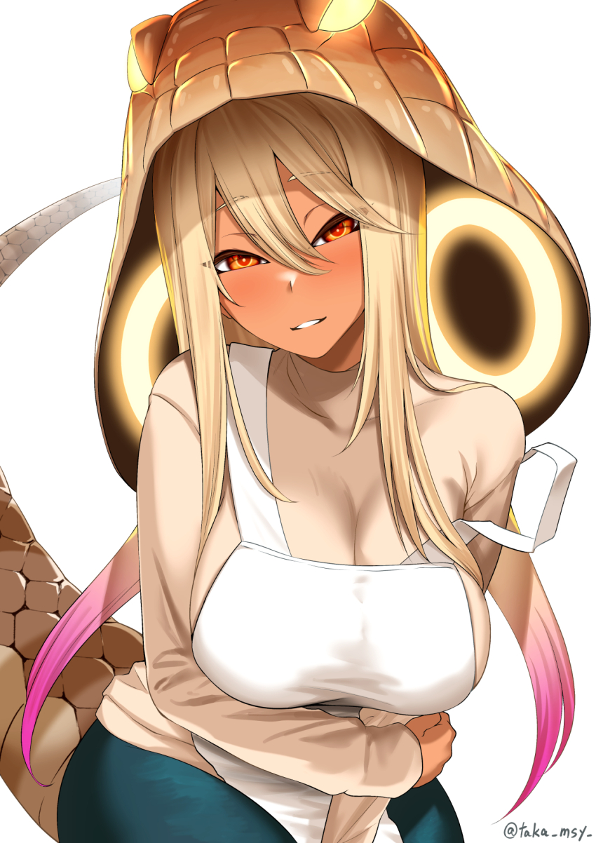 1girl, aged_up, alternate_breast_size_(larger), animal_hood, apron, blonde_hair, blush, breasts