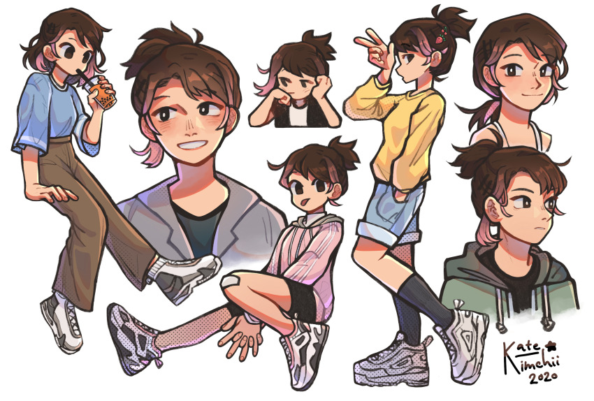 1girl, black_socks, blue_shirt, bright_pupils, brown_eyes, brown_hair, brown_pants, bubble_tea, closed_mouth, commentary, cup, drink, drinking, english_commentary, food-themed_hair_ornament, fruiitlins, hair_ornament, hand_in_pocket, head_rest, highres, holding, holding_cup, jacket, long_sleeves, looking_to_the_side, medium_hair, multicolored_hair, multiple_views, open_mouth, original, pants, pink_jacket, ponytail, shirt, shoes, shorts, signature, simple_background, sitting, smile, sneakers, socks, standing, strawberry_hair_ornament, streaked_hair, white_background, white_pupils, yellow_shirt