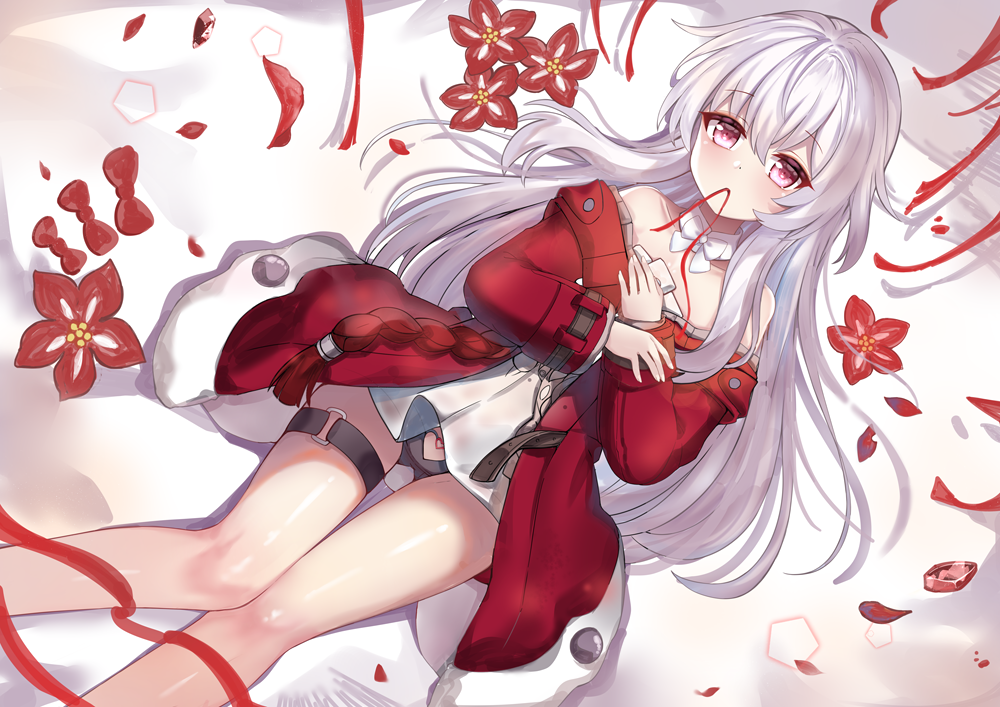 1girl, bare_shoulders, bed, bed_sheet, belt, black_panties, bow, clara_(honkai:_star_rail)