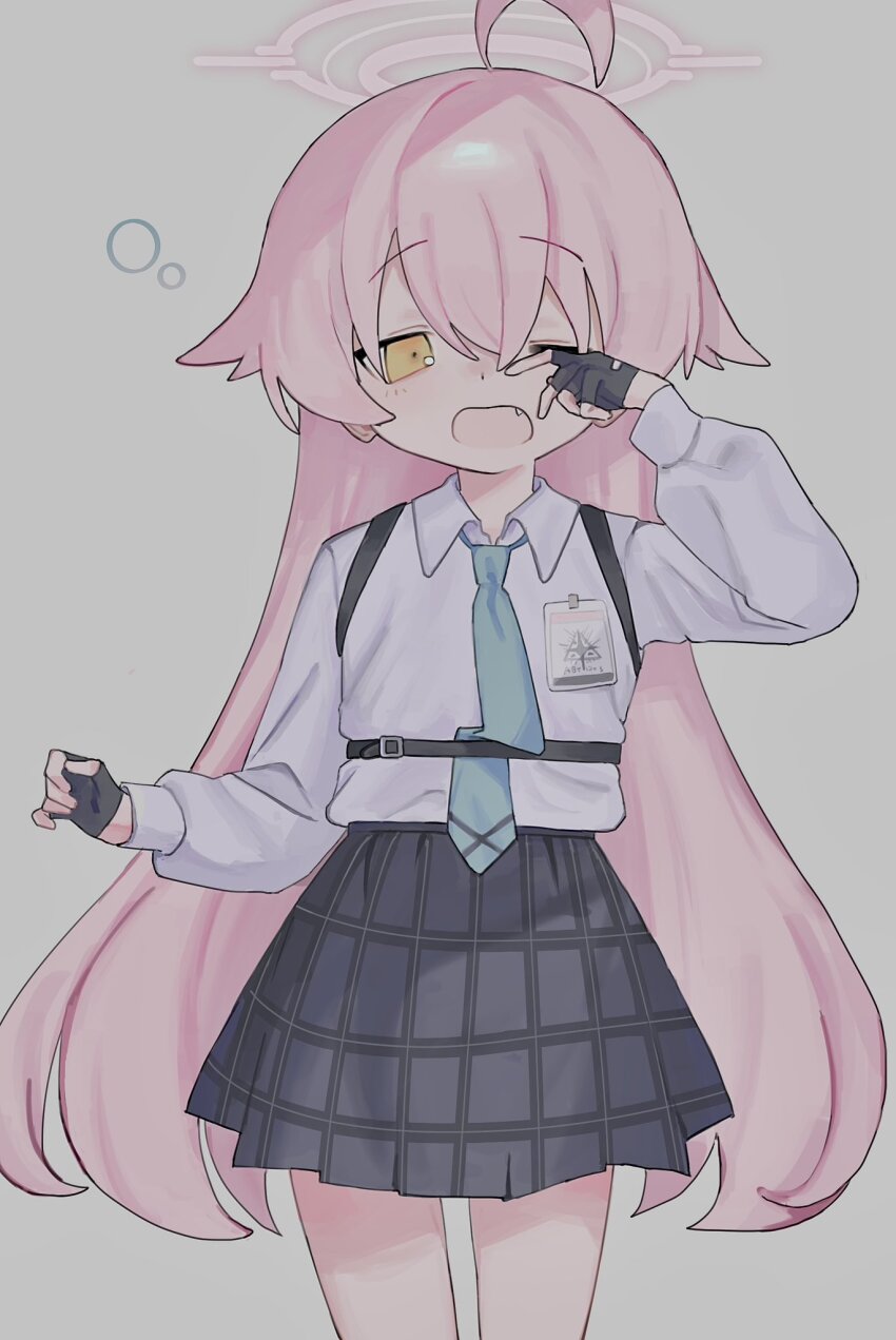 1girl, ahoge, black_gloves, blue_archive, blue_necktie, chest_harness, collared_shirt, commentary