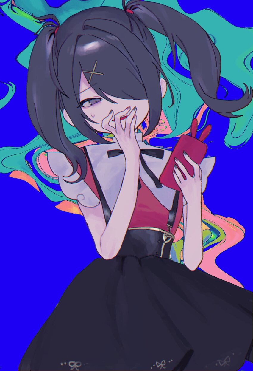 1girl, ame-chan_(needy_girl_overdose), black_eyes, black_hair, black_nails, black_ribbon, black_skirt, blue_background, cellphone, covering_own_mouth, cowboy_shot, distortion, frills, gathers, hair_ornament, hair_over_one_eye, half-closed_eyes, hand_over_own_mouth, hands_up, head_tilt, highres, holding, holding_phone, medium_hair, multicolored_nails, neck_ribbon, needy_girl_overdose, nervous_smile, nial, open_mouth, phone, red_nails, red_shirt, ribbon, shirt, shirt_tucked_in, skirt, smartphone, smile, suspender_skirt, suspenders, twintails, x_hair_ornament, zoom_layer