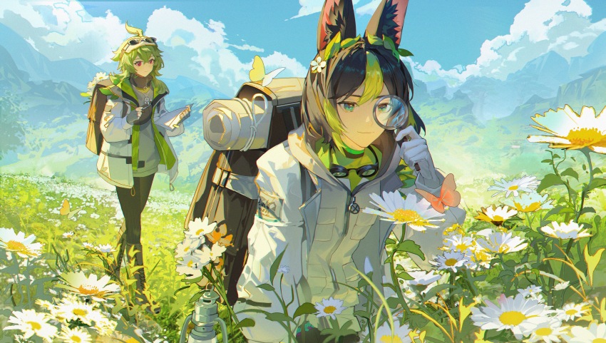 1boy, 1girl, absurdres, ahoge, animal_ear_fluff, animal_ears, backpack, bag