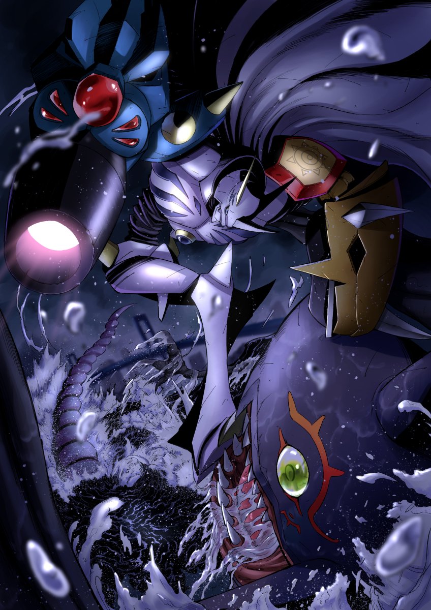 arm_blade, arm_cannon, armagemon, armor, bridge, cannon, cape, digimon