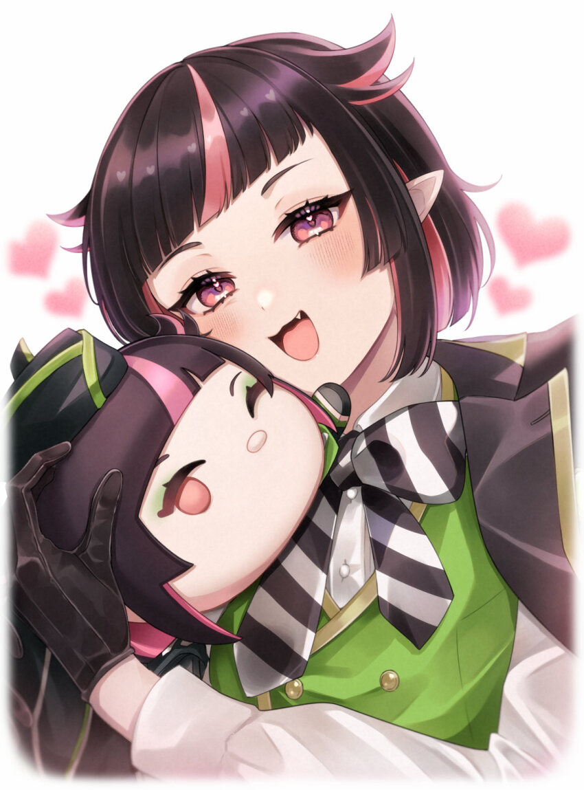 1boy, :3, :d, black_gloves, black_hair, blunt_bangs, blunt_ends, blush