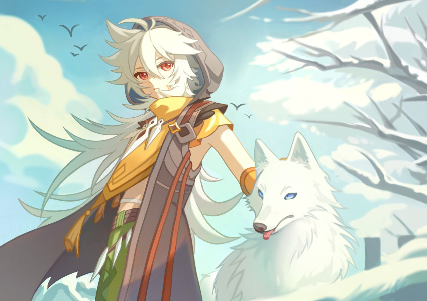 1boy, absurdres, ahoge, bird, bishounen, blue_eyes, blue_sky, bone_necklace