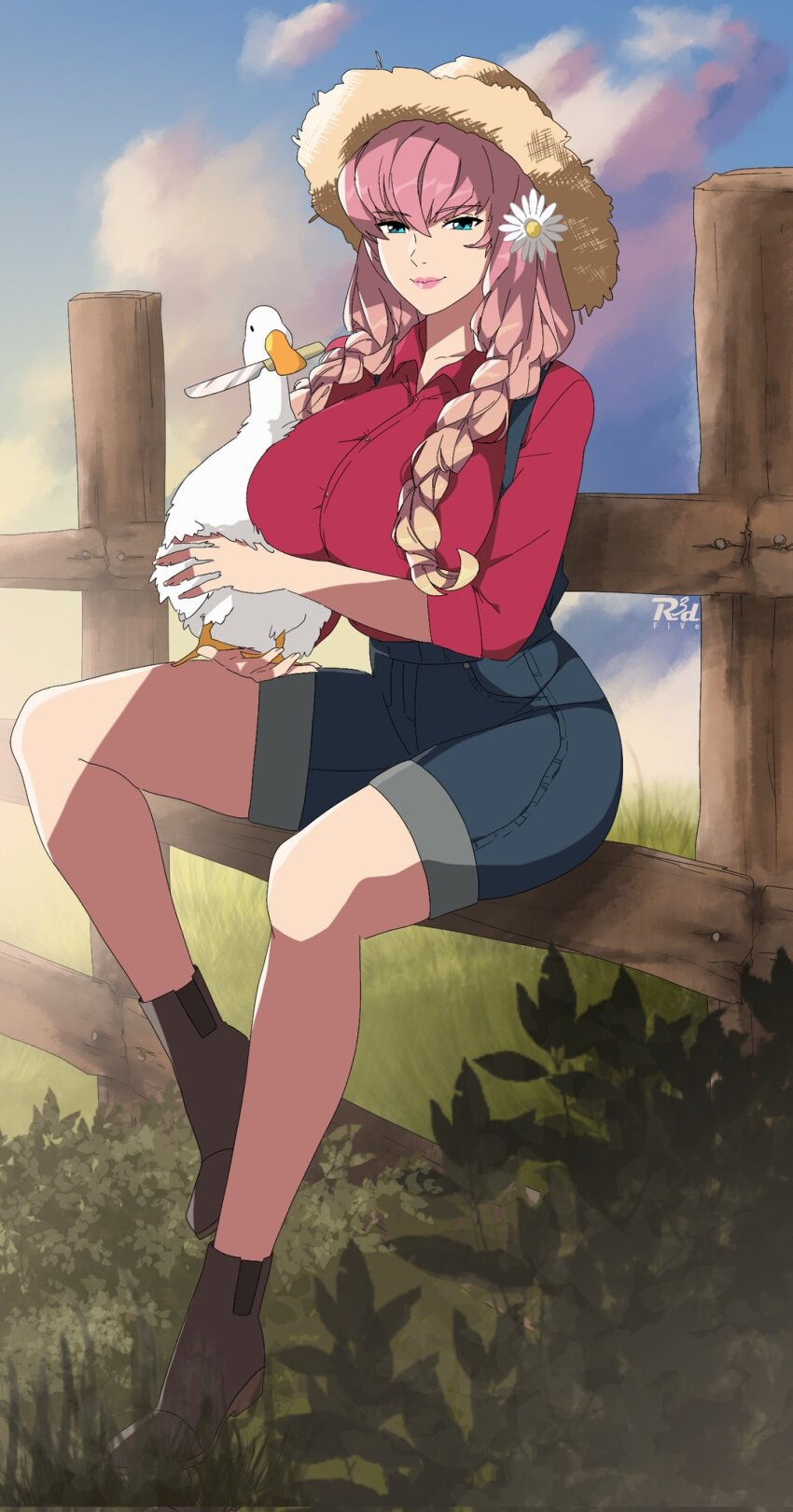 1girl, alternate_costume, animal, aqua_eyes, bird, braid, breasts, crossover