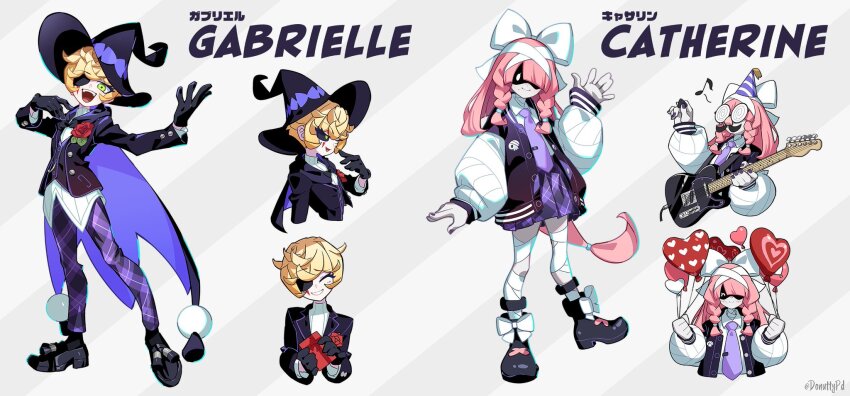 1girl, 1other, androgynous, arms_up, balloon, bandaged_head, bandaged_leg, bandages, black_bow, black_footwear, black_gloves, black_headwear, black_jacket, blonde_hair, blush, bow, braid, buttons, cape, catherine_(donuttypd), closed_eyes, closed_mouth, coke-bottle_glasses, colored_skin, curly_hair, donuttypd, eyepatch, fake_facial_hair, fake_mustache, fake_nose, flower, gabrielle_(donuttypd), gift, glasses, gloves, green_eyes, guitar, hair_bow, hand_on_own_chest, hand_to_own_mouth, hand_up, hands_up, happy, hat, heart_balloon, highres, holding, holding_balloon, holding_gift, holding_instrument, holding_plectrum, instrument, jacket, large_bow, leaf, light_smile, long_hair, looking_ahead, looking_at_viewer, looking_to_the_side, magician, monster_girl, multicolored_cape, multiple_expressions, mummy, musical_note, nail_polish, necktie, missing_headwear, open_clothes, open_jacket, open_mouth, original, pants, party_hat, pink_hair, plaid_clothes, plaid_pants, plaid_skirt, pleated_skirt, plectrum, pocket, purple_headwear, purple_necktie, purple_pants, purple_skirt, red_flower, red_rose, rose, scar, school_uniform, short_hair, skirt, skull, smile, striped_background, striped_clothes, striped_headwear, twin_braids, very_long_hair, vest, white_bow, white_skin, x_(symbol)
