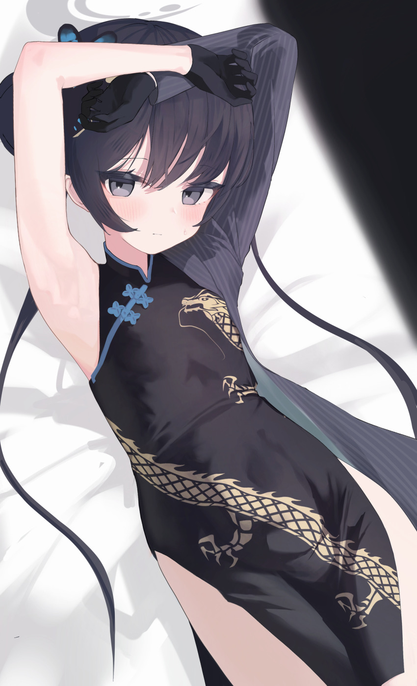 1girl, absurdres, armpits, arms_behind_head, bed_sheet, black_coat, black_dress, black_eyes