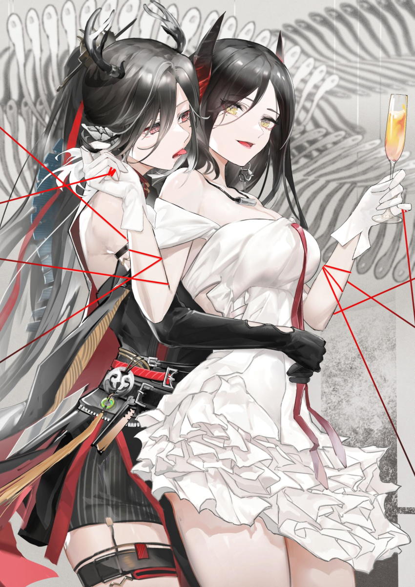 2girls, alternate_costume, animal_ears, antlers, arknights, arm_strap, bare_shoulders, black_dress