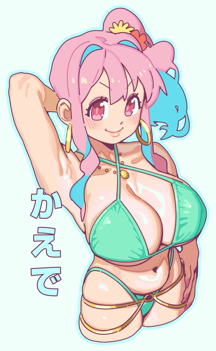 >:), 1girl, absurdres, arm_behind_head, armpits, belly, bikini, blue_hair
