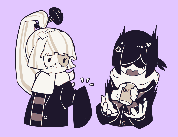 2girls, buttons, colored_skin, donuttypd, greyscale, hair_ornament, hands_up, jacket