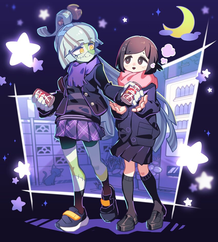 2girls, animal, animal_ears, arm_up, black_footwear, black_jacket, black_skirt, black_socks