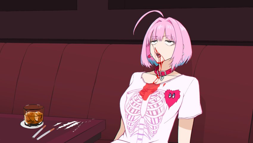 1girl, ahoge, alcohol, belt_collar, blood, blue_hair, breasts, choker