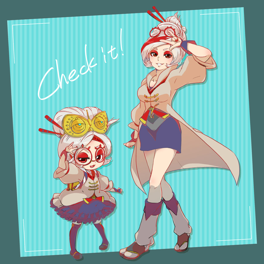 1girl, age_comparison, arm_up, coat, english_text, eyeshadow, eyewear_on_head, glasses, grey_coat, hair_ornament, hair_stick, half-closed_eyes, hyrule_warriors:_age_of_calamity, looking_at_viewer, makeup, multicolored_hair, nintendo, parted_lips, purah, purah_(young), red-framed_eyewear, red_eyes, red_eyeshadow, red_hair, round_eyewear, rubi_nemesis, smile, standing, streaked_hair, the_legend_of_zelda, the_legend_of_zelda:_breath_of_the_wild, white_hair