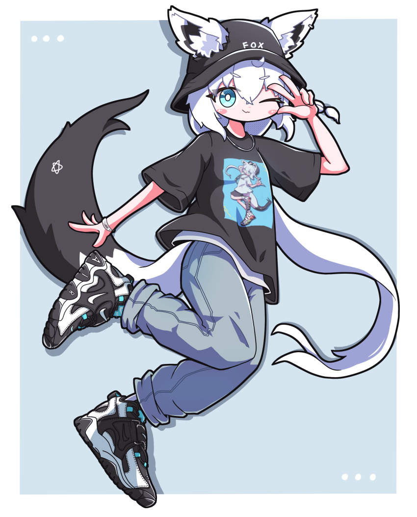 1girl, ;), absurdres, alternate_costume, animal_ears, black_hat, black_shirt, blush_stickers