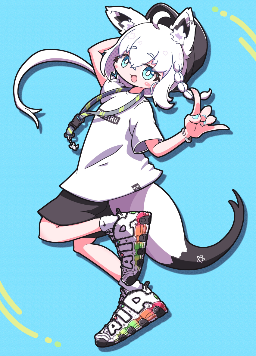 1girl, :d, absurdres, ahoge, animal_ears, black_hat, black_shorts, blue_eyes