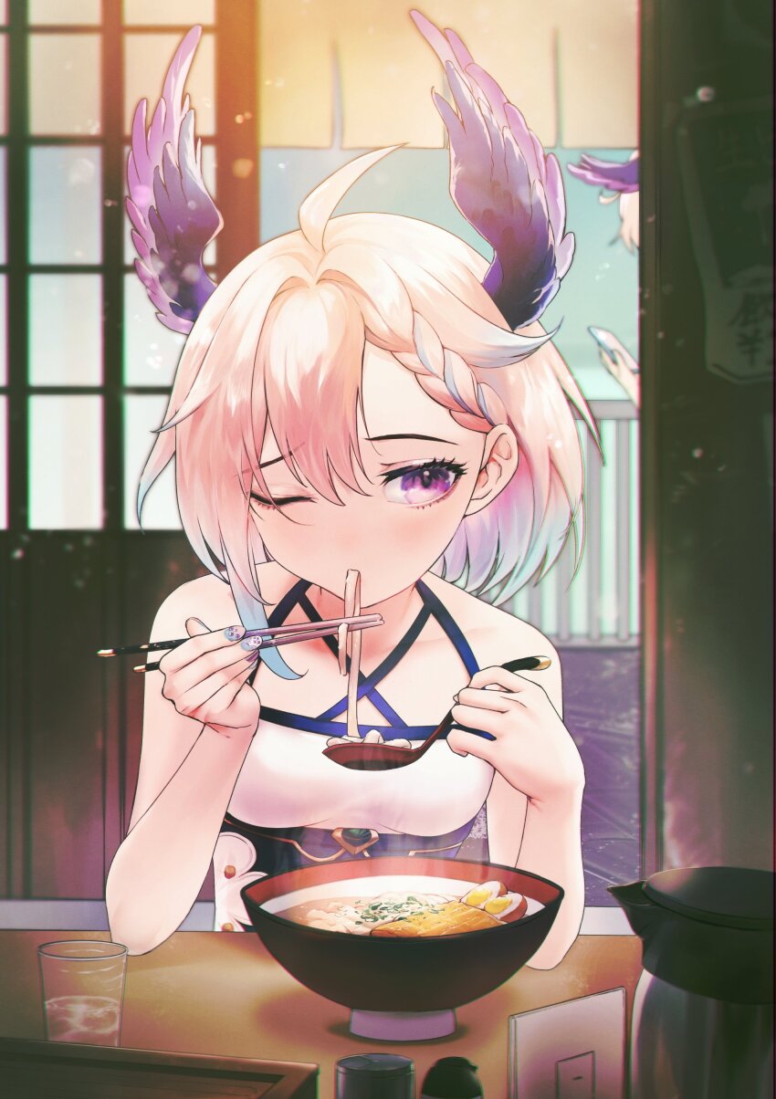 1girl, absurdres, ahoge, blonde_hair, blue_hair, bowl, braid, cellphone