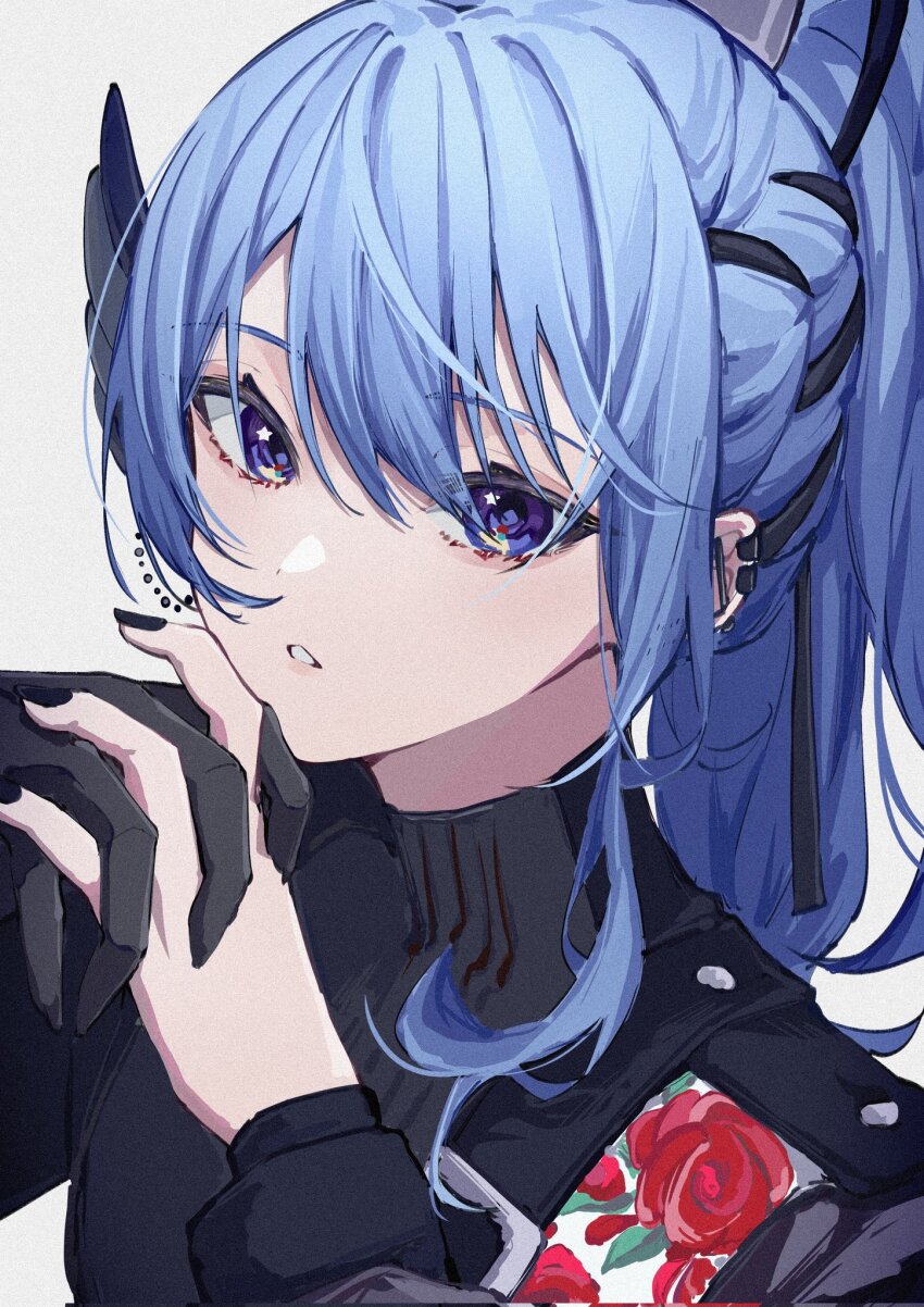 1girl, black_gloves, black_nails, blue_eyes, blue_hair, braid, commentary, ear_piercing