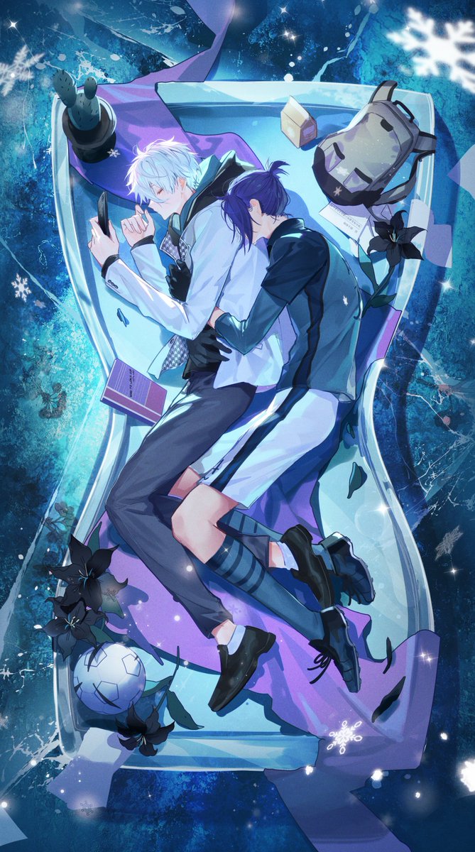 2boys, backpack, bag, ball, black_gloves, black_hoodie, blue_footwear, blue_lock, blue_shirt, blue_socks, book, cactus, cellphone, choki_(blue_lock), closed_eyes, doran_(doran7280), full_body, gloves, grey_pants, highres, holding, holding_phone, hood, hood_down, hoodie, hug, hug_from_behind, jacket, long_sleeves, male_focus, mikage_reo, multiple_boys, nagi_seishirou, pants, phone, ponytail, purple_hair, shirt, shoes, short_hair, short_ponytail, shorts, smartphone, soccer_ball, soccer_uniform, socks, spooning, sportswear, white_hair, white_jacket, white_shorts, yaoi