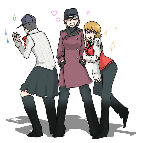 1boy, 2girls, aragaki_shinjirou, aragaki_shinjirou_(cosplay), atlus, bad_id, bad_pixiv_id, cosplay, iori_junpei, keroko, kirijou_mitsuru, kirijou_mitsuru_(cosplay), multiple_girls, persona, persona_3, persona_3_portable, sanada_akihiko, sanada_akihiko_(cosplay), shiomi_kotone, takeba_yukari