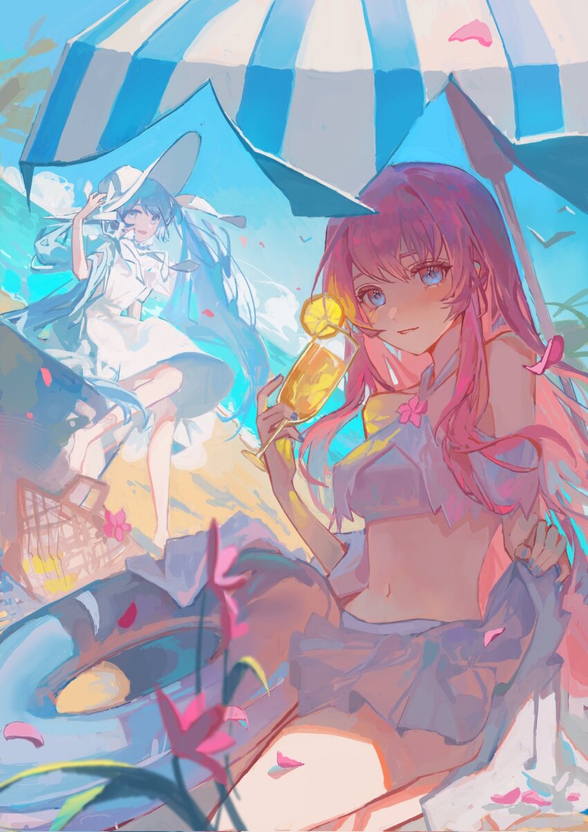 2girls, aqua_eyes, aqua_hair, aqua_nails, bare_shoulders, barefoot, beach, beach_umbrella