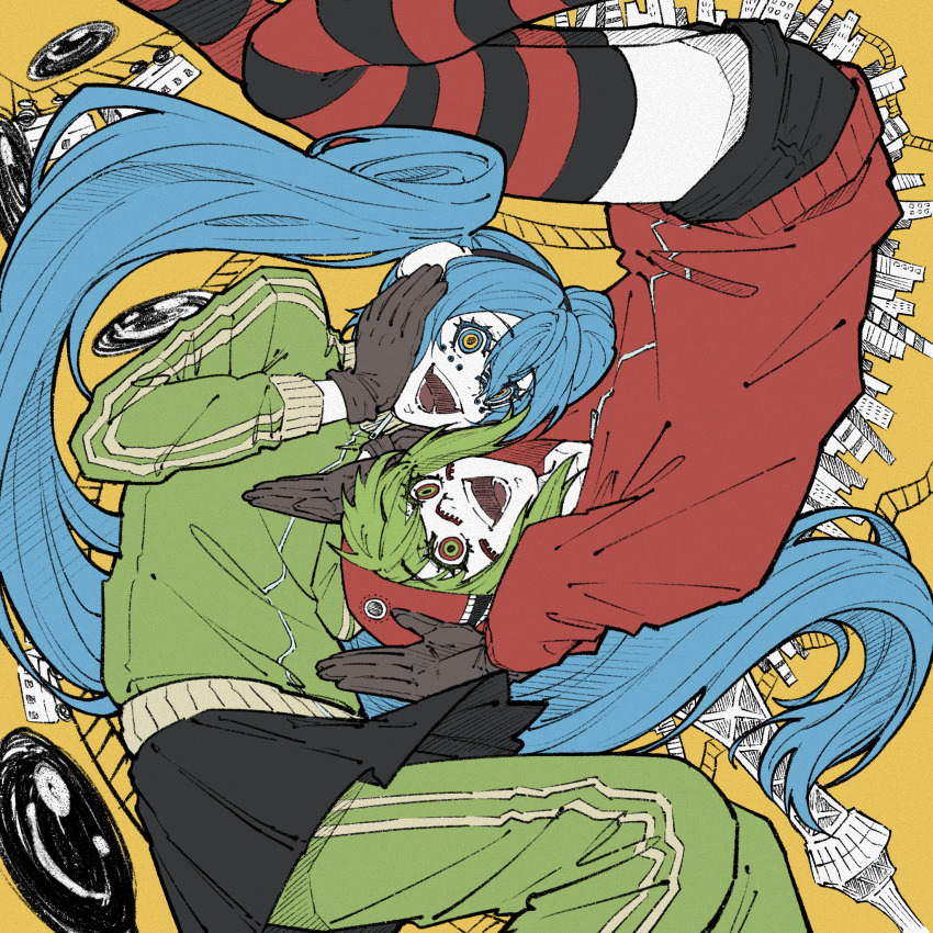 2girls, :d, arms_up, black_shorts, black_skirt, blue_eyes, blue_hair, brown_gloves