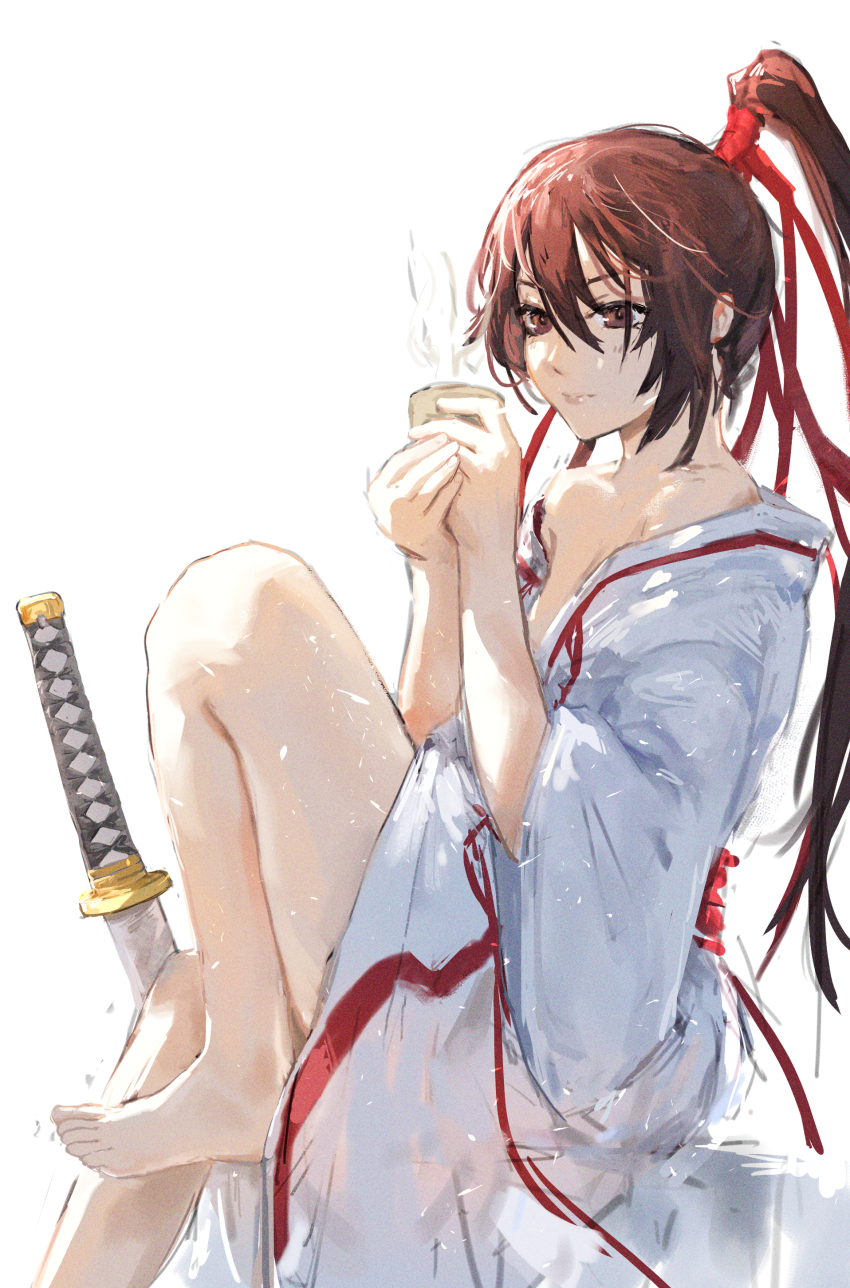 1girl, absurdres, barefoot, brown_eyes, brown_hair, cup, hair_ribbon, high_ponytail