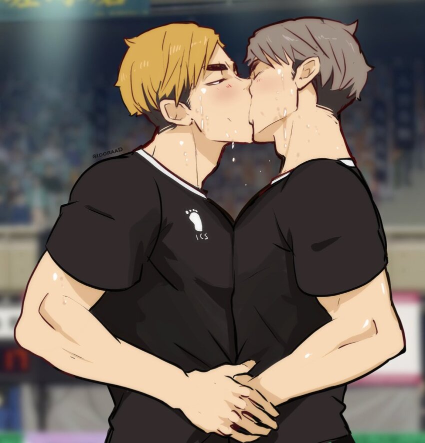 2boys, blonde_hair, blush, brothers, grey_hair, haikyuu!!, highres, idoraad, incest, indoors, kiss, male_focus, miya_atsumu, miya_osamu, multicolored_hair, multiple_boys, short_hair, siblings, sportswear, sweat, twins, two-tone_hair, volleyball_uniform, yaoi