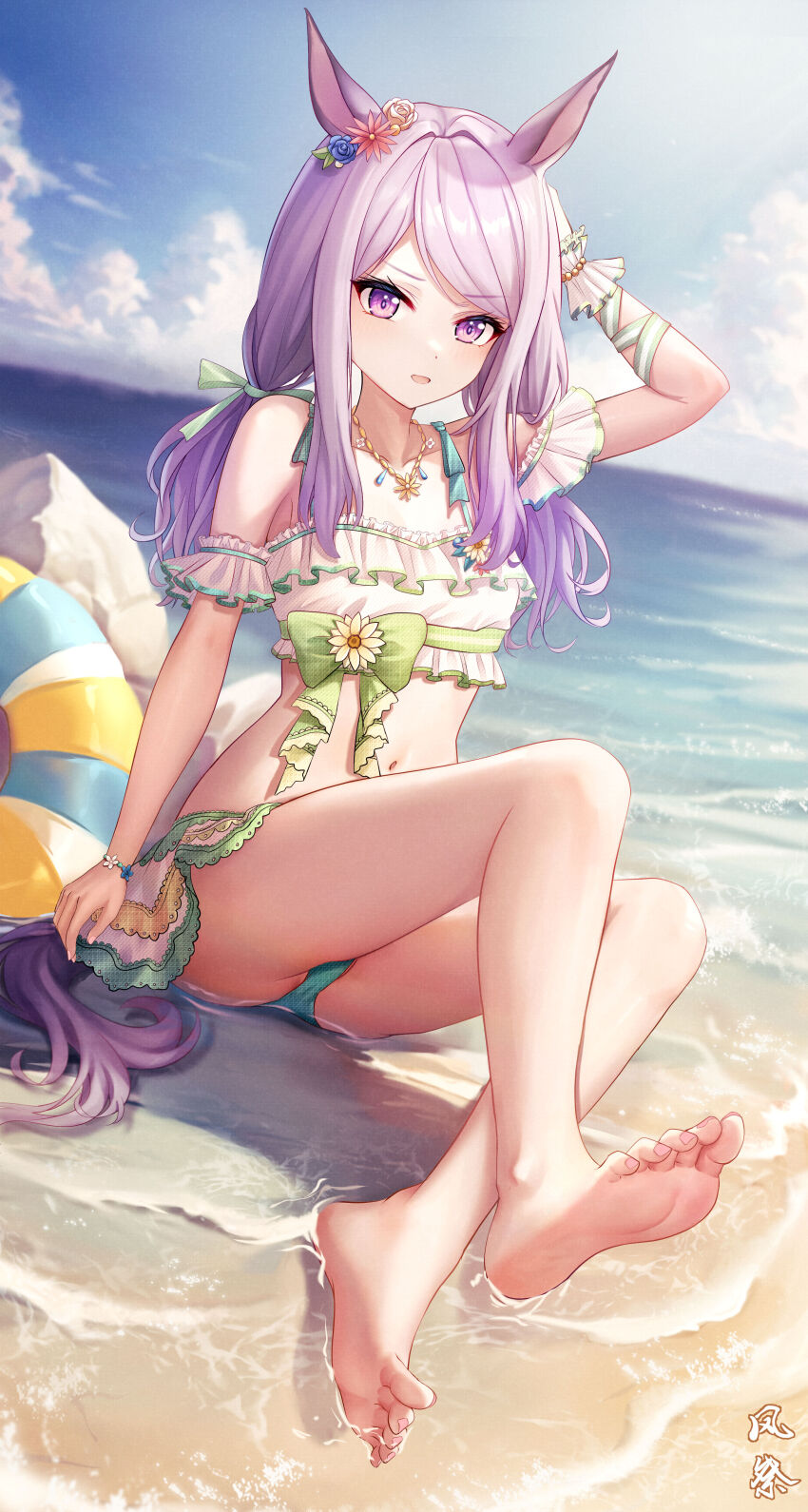 1girl, :o, absurdres, animal_ears, arm_behind_head, bare_legs, bare_shoulders, barefoot