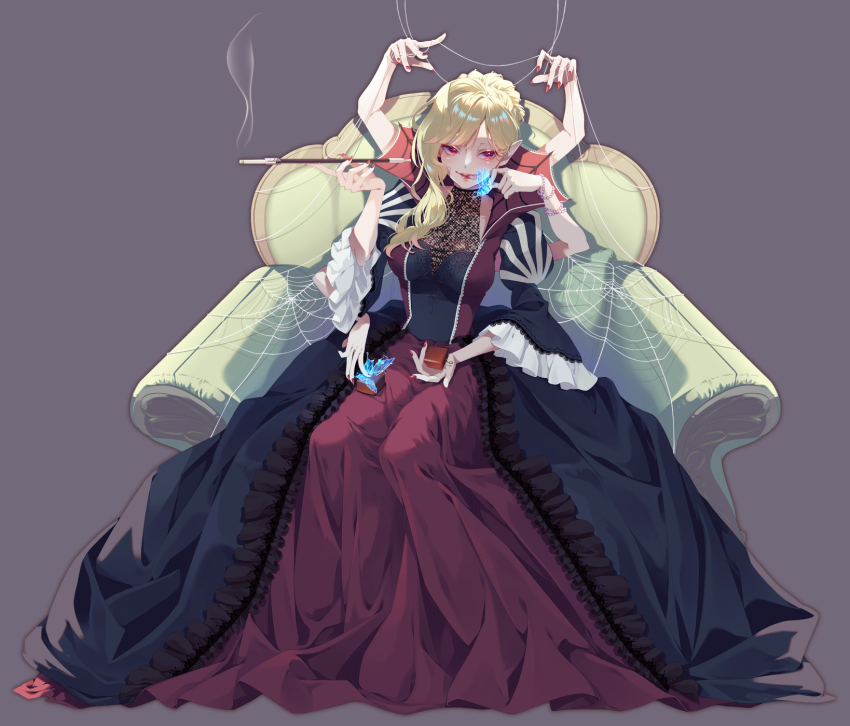 1girl, armchair, blonde_hair, blue_butterfly, blush, bracelet, bug, butterfly