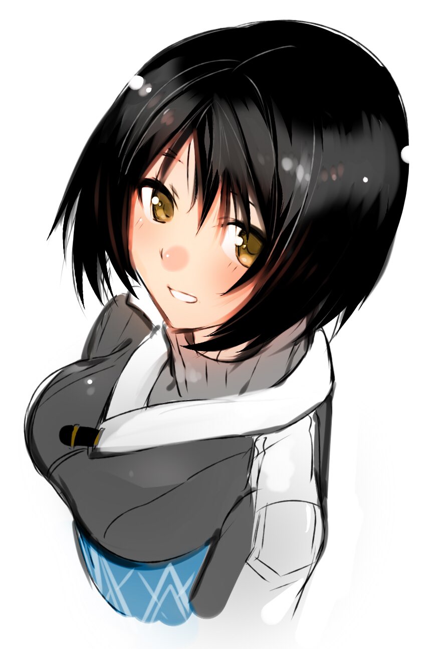 1girl, black_hair, black_shirt, blush, bob_cut, closed_eyes, commentary_request, eyelashes