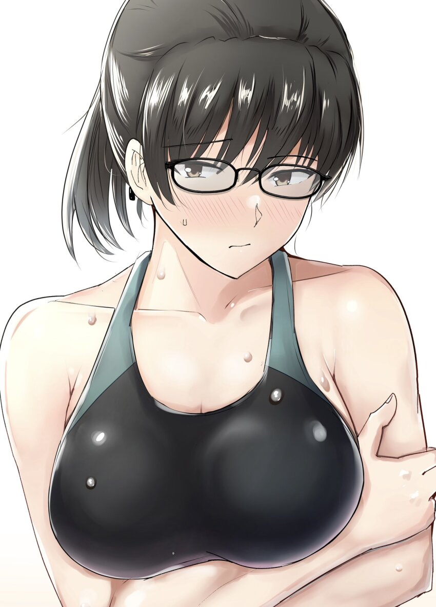 1girl, amagami, black-framed_eyewear, black_hair, black_one-piece_swimsuit, blush, breasts, competition_swimsuit