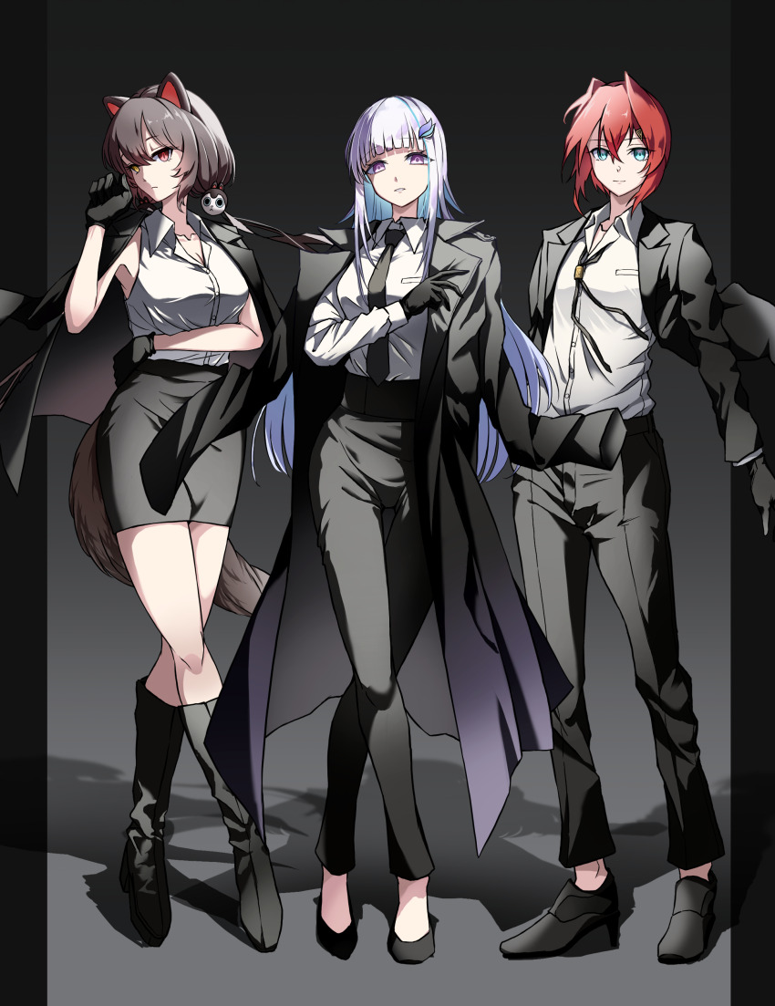 3girls, absurdres, ange_katrina, animal_ears, arm_under_breasts, black_coat, black_footwear, black_gloves, black_pants, black_skirt, black_suit, blue_eyes, blue_hair, blunt_bangs, breasts, brown_hair, cafe_in, cleavage, closed_mouth, coat, coat_on_shoulders, collared_shirt, crossed_legs, dog_ears, dog_girl, dog_tail, dress_shirt, flat_chest, formal_clothes, full_body, gloves, hair_ornament, hairclip, heterochromia, highres, inui_toko, jacket, jacket_on_shoulders, lize_helesta, long_sleeves, looking_at_viewer, low_twintails, medium_breasts, miniskirt, multiple_girls, nijisanji, open_clothes, open_jacket, overcoat, pants, parted_lips, pencil_skirt, purple_eyes, red_eyes, red_hair, sanbaka_(nijisanji), scowl, shirt, short_hair, skirt, skirt_suit, sleeveless, sleeveless_shirt, standing, suit, tail, twintails, virtual_youtuber, white_hair, white_shirt, wind, wing_collar, yellow_eyes