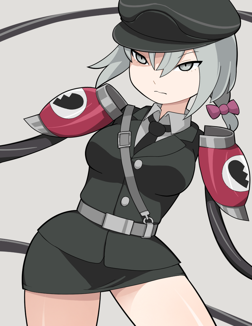 1girl, belt, black_hat, black_jacket, black_skirt, bow, breasts, broken_heart_print