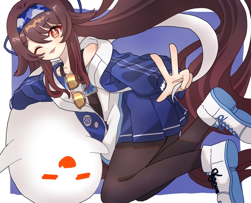 1girl, absurdres, blue_hairband, blue_jacket, blue_skirt, boo_tao_(genshin_impact), brown_hair, brown_pantyhose