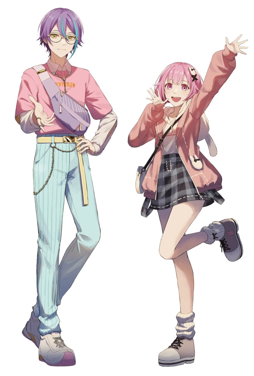 1boy, 1girl, arm_up, blue_pants, gingham_clothes, gingham_skirt, glasses, hair_ornament