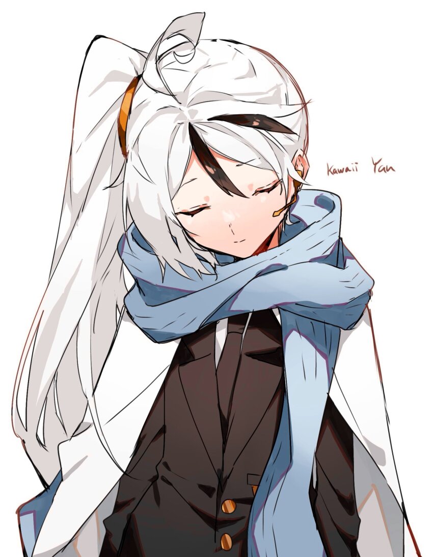 1boy, ahoge, black_jacket, black_necktie, black_suit, blue_scarf, cape, closed_eyes