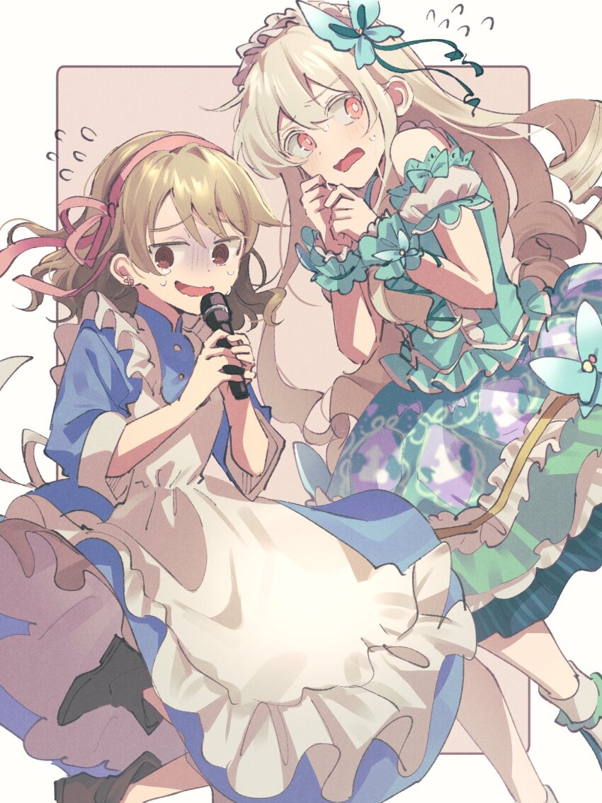 2girls, alternate_costume, apron, aqua_bow, aqua_dress, averting_eyes, bare_arms, bare_shoulders