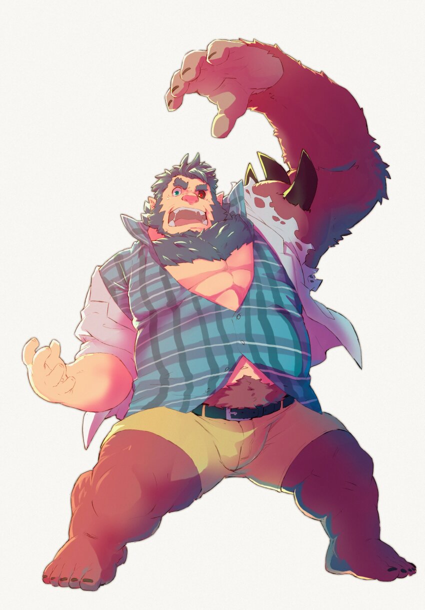 1boy, abs, absurdres, arm_up, bara, beard, beast_arm, belly, belt, body_fur, bulge, collared_shirt, crave_saga, facial_hair, fat, fat_man, full_body, hawyel, highres, large_pectorals, looking_at_viewer, male_focus, midriff_peek, mismatched_arms, mismatched_pupils, mismatched_sclera, monster_boy, muscular, muscular_male, navel, off_shoulder, oversized_limbs, partially_unbuttoned, pectorals, phil_(crave_saga), pointy_ears, shirt, short_hair, shorts, solo, thick_eyebrows, thick_thighs, thighs, white_background, yellow_shorts