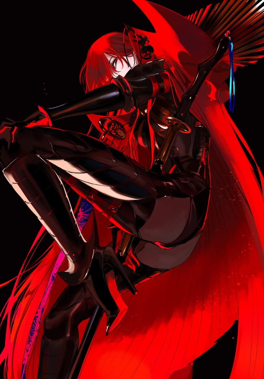 1girl, absurdres, armored_boots, ass, black_background, black_bodysuit, black_pantyhose, bodysuit