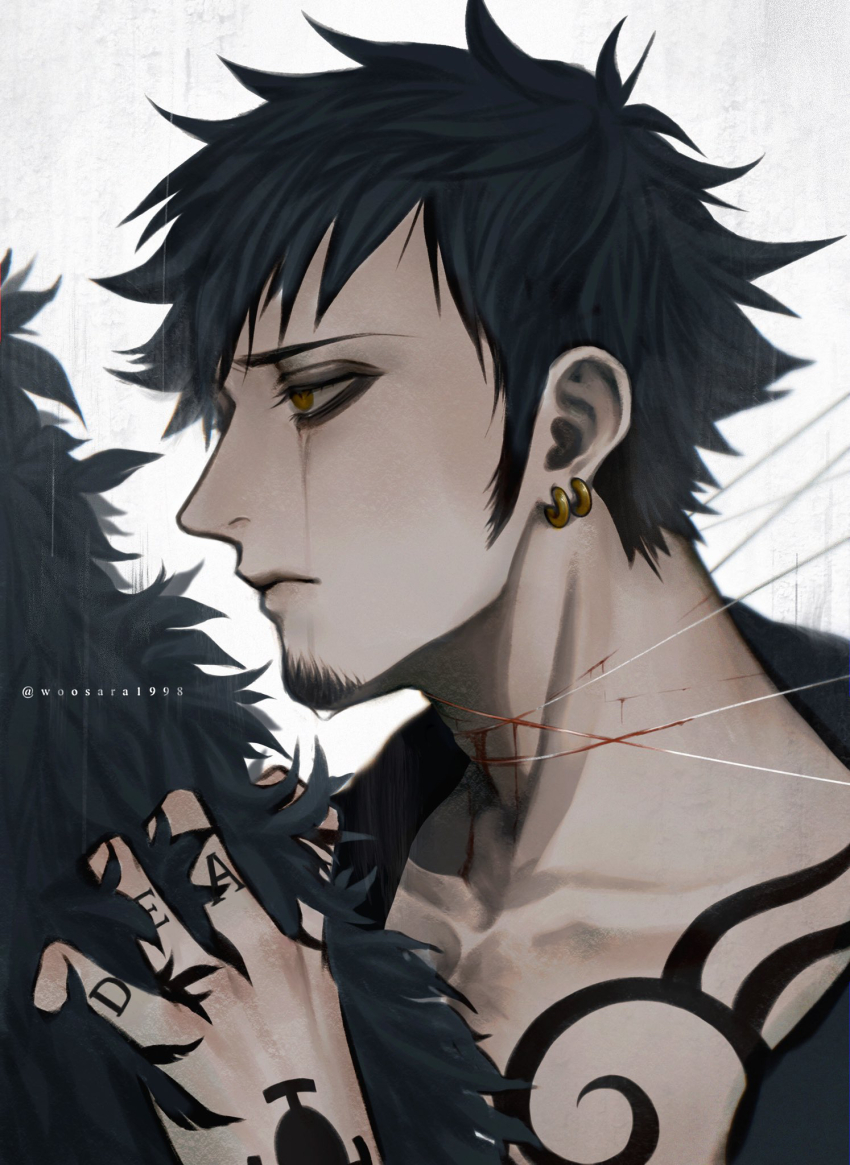 2boys, black_hair, bleeding, blood, chest_tattoo, coat, collarbone, donquixote_rocinante, earrings, facial_hair, finger_tattoo, fur_coat, goatee, hand_tattoo, highres, ito_ito_no_mi, jewelry, male_focus, multiple_boys, one_piece, profile, short_hair, sideburns, tattoo, thread, trafalgar_law, upper_body, wosara, yellow_eyes