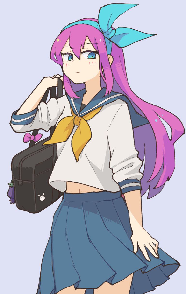 1girl, aubrey_(faraway)_(omori), aubrey_(omori), bag, black_bag, blue_eyes, blue_sailor_collar, blue_skirt