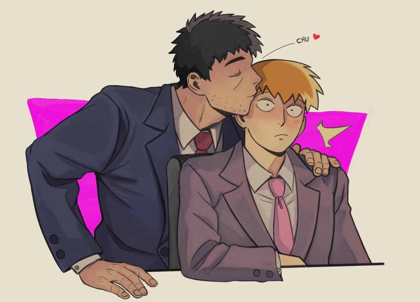 2boys, black_jacket, blush, brown_jacket, buttoned_cuffs, buttons, closed_eyes, closed_mouth