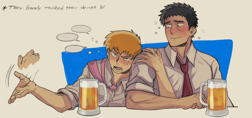 2boys, alcohol, beer_mug, black_hair, blush, closed_mouth, collared_shirt, cup