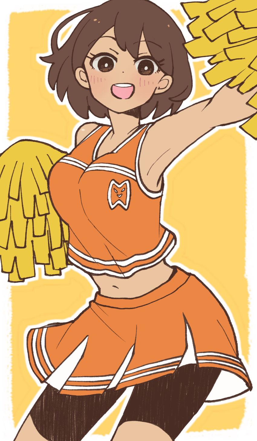 1girl, absurdres, cheerleader, dark-skinned_female, dark_skin, doroidsan, genderswap, genderswap_(mtf), highres, kel_(faraway)_(omori), kel_(omori), omori, orange_footwear, orange_shorts, pom_pom_(cheerleading), shorts