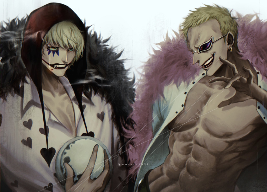 2boys, abs, artist_name, bare_pectorals, blonde_hair, brothers, cigarette, coat