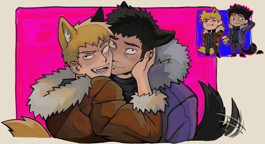 2boys, animal_collar, animal_ear_fluff, animal_ears, black_hair, black_pants, brown_jacket, chibi, chibi_inset, closed_mouth, collar, couple, facial_hair, fangs, fangs_out, fur-trimmed_jacket, fur_trim, highres, holding_hands, jacket, kentret, male_focus, mob_psycho_100, motion_blur, multiple_boys, open_clothes, open_jacket, open_mouth, orange_hair, pants, purple_jacket, reigen_arataka, serizawa_katsuya, short_hair, smile, stubble, tail, twitter_username, wolf_boy, wolf_ears, wolf_tail, yaoi